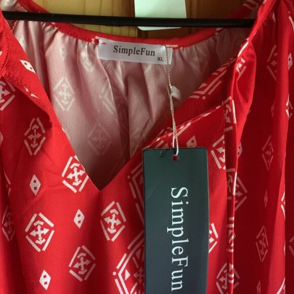 NWT Women's Simple Fun Cherry Red Geo Aztec Southwestern Print Blouse Top XL - Picture 3 of 7